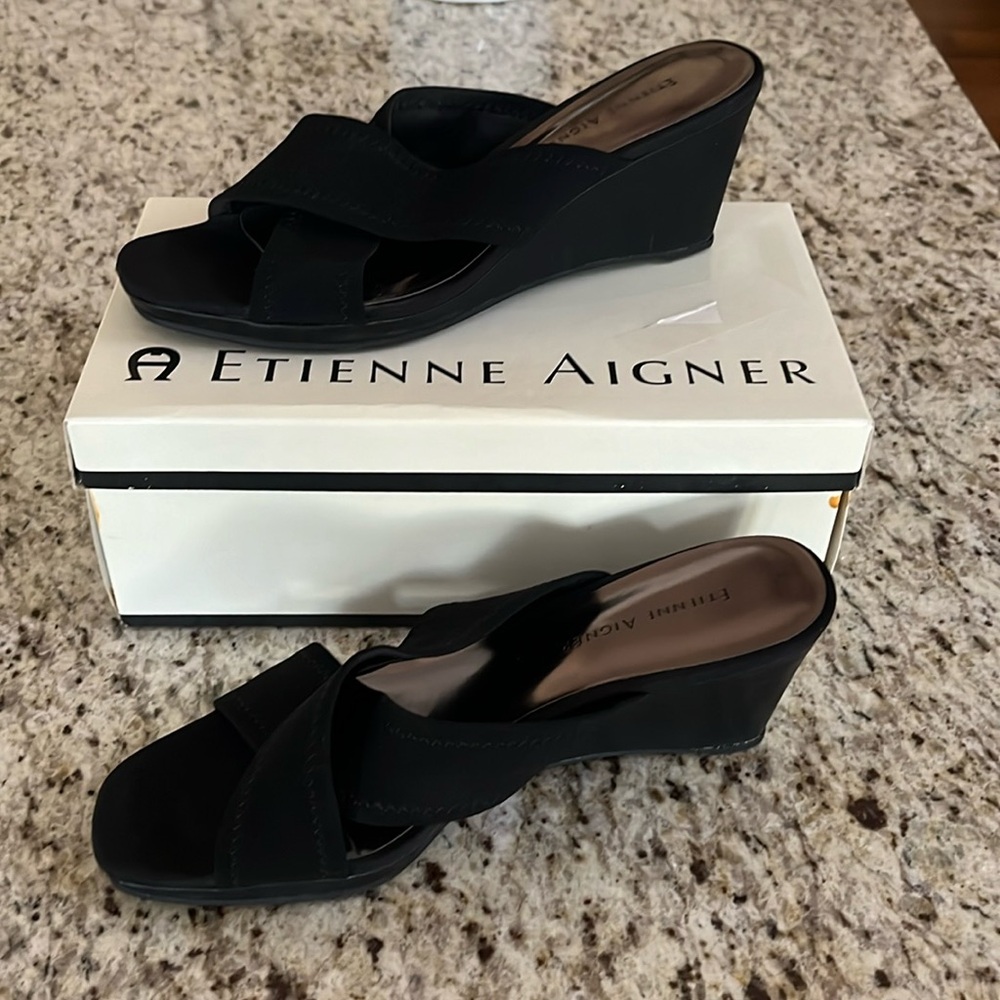 Etienne Aigner black satin sandal. Size 71/2